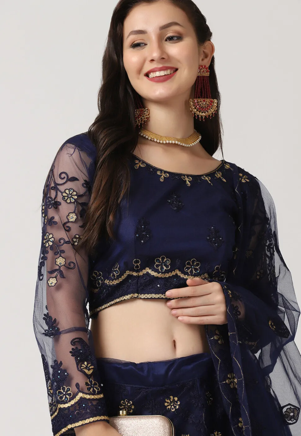 Embroidered Net Lehenga in Navy Blue