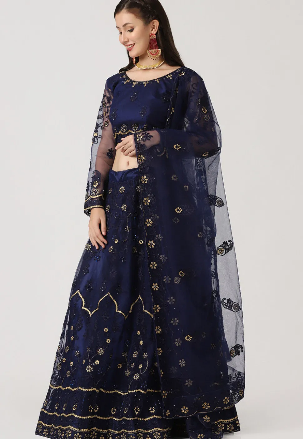 Embroidered Net Lehenga in Navy Blue