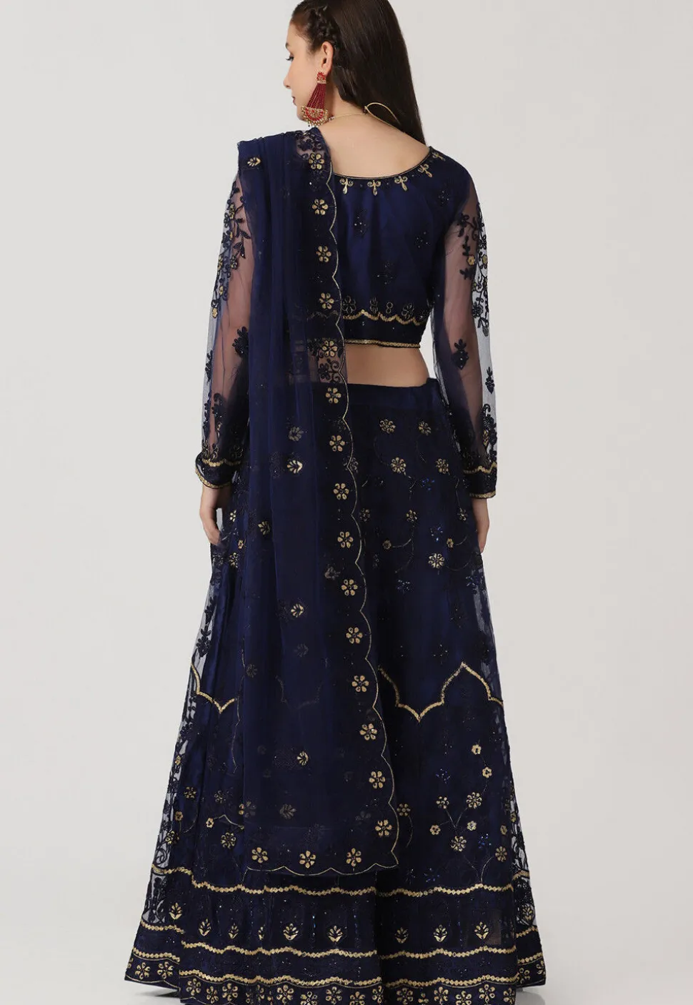 Embroidered Net Lehenga in Navy Blue