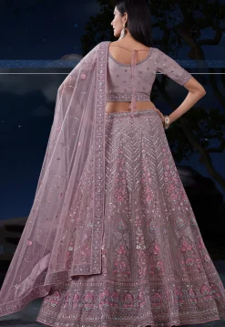 Embroidered Net Lehenga in Light Purple