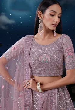 Embroidered Net Lehenga in Light Purple