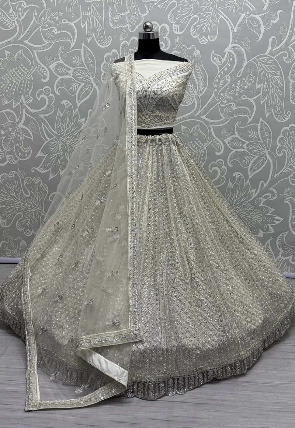 Embroidered Net Lehenga in Off White