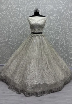 Embroidered Net Lehenga in Off White