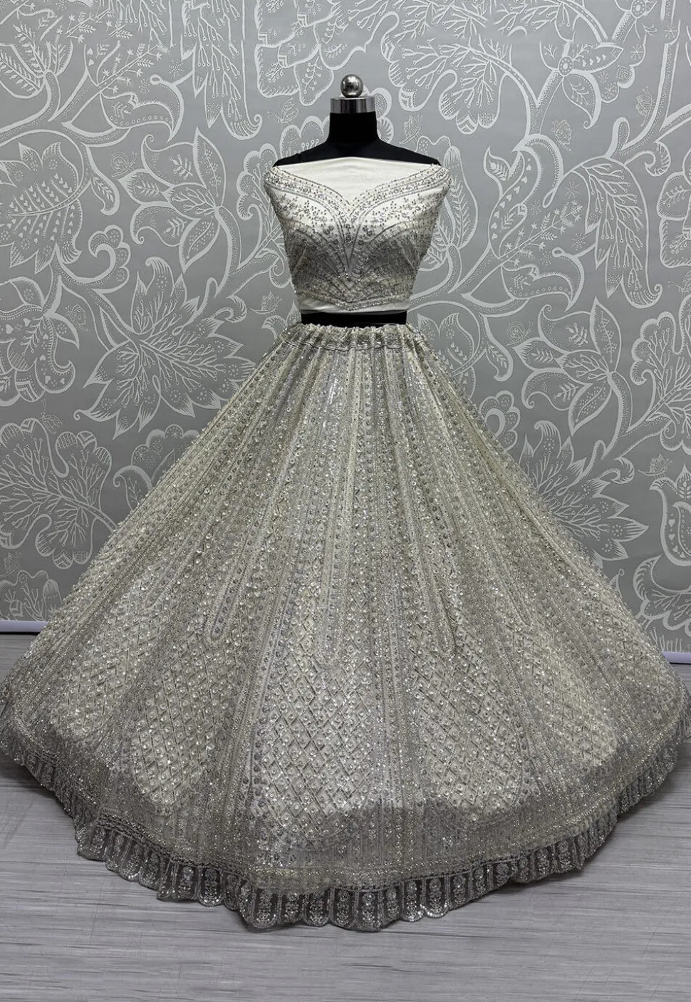 Embroidered Net Lehenga in Off White