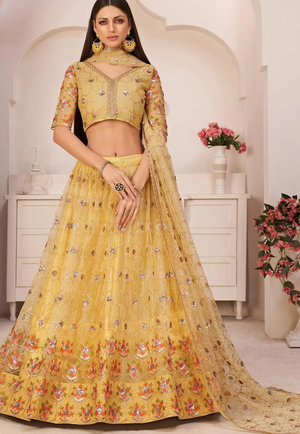 Embroidered Net Lehenga in Beige