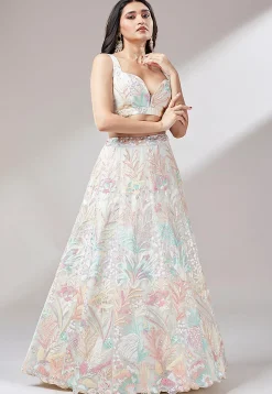 Embroidered Net Lehenga in Off White