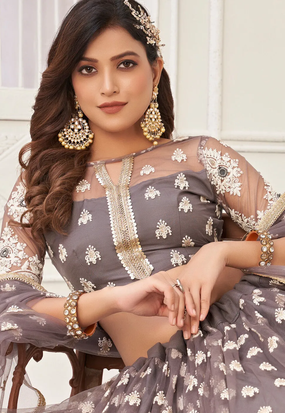 Embroidered Net Lehenga in Grey