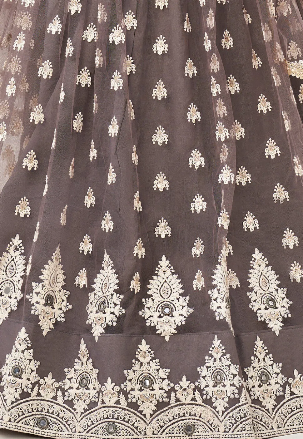 Embroidered Net Lehenga in Grey