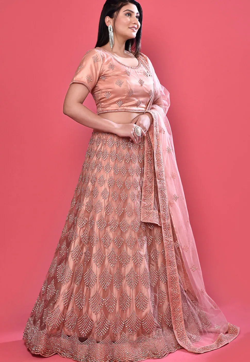 Embroidered Net Lehenga in Peach