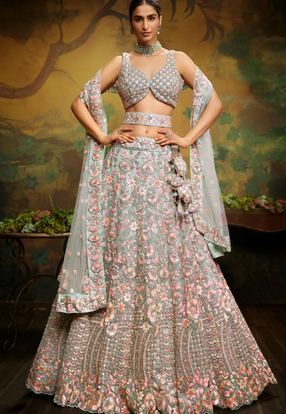 Embroidered Net Lehenga in Dusty Green