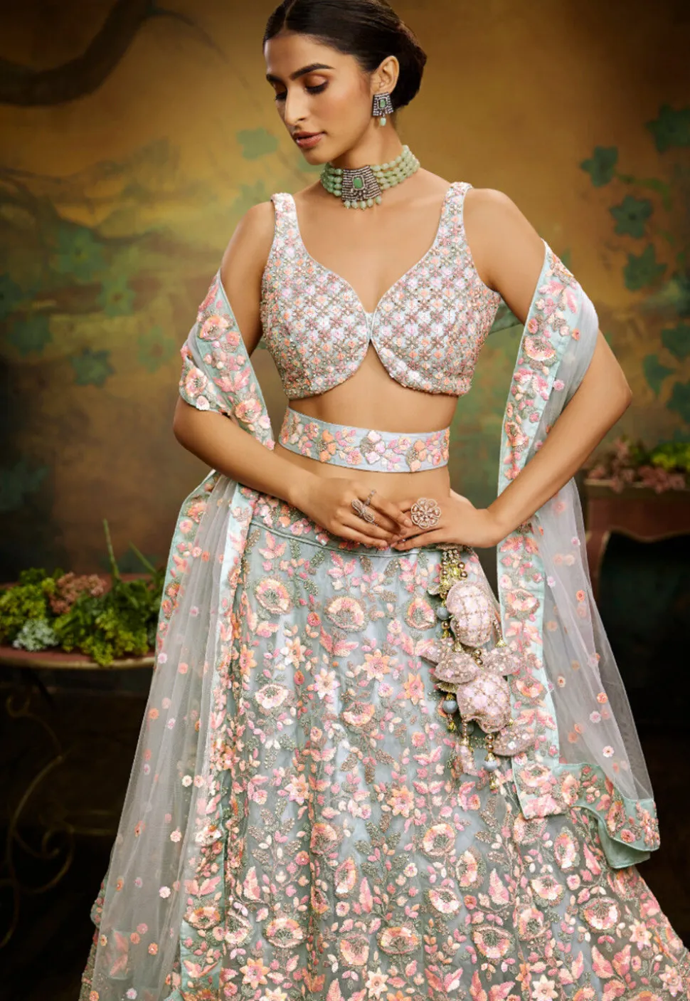 Embroidered Net Lehenga in Dusty Green