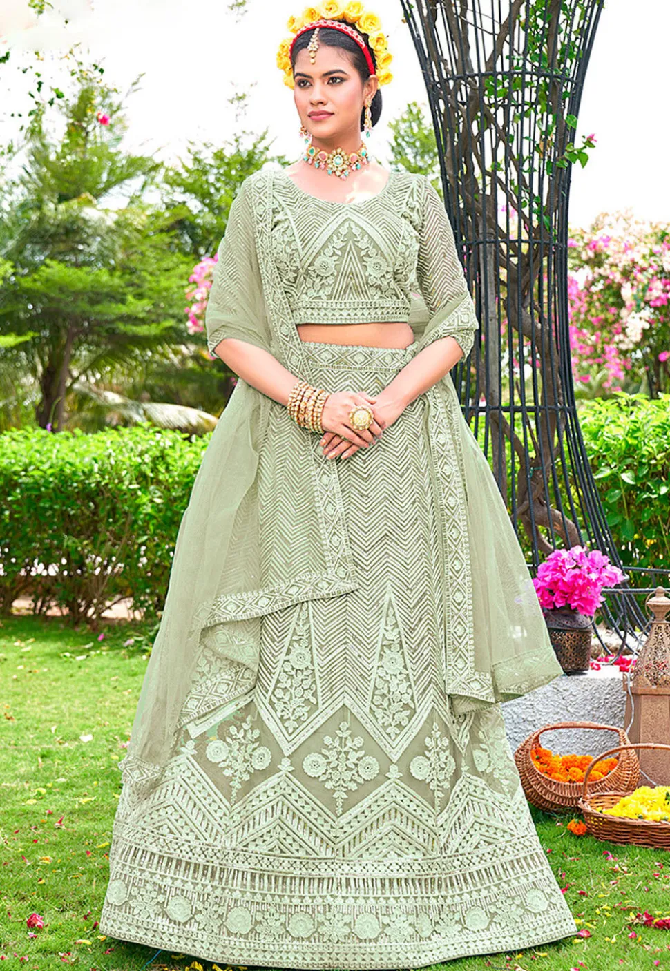 Embroidered Net Lehenga in Light Green
