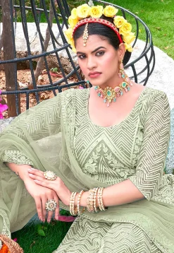 Embroidered Net Lehenga in Light Green