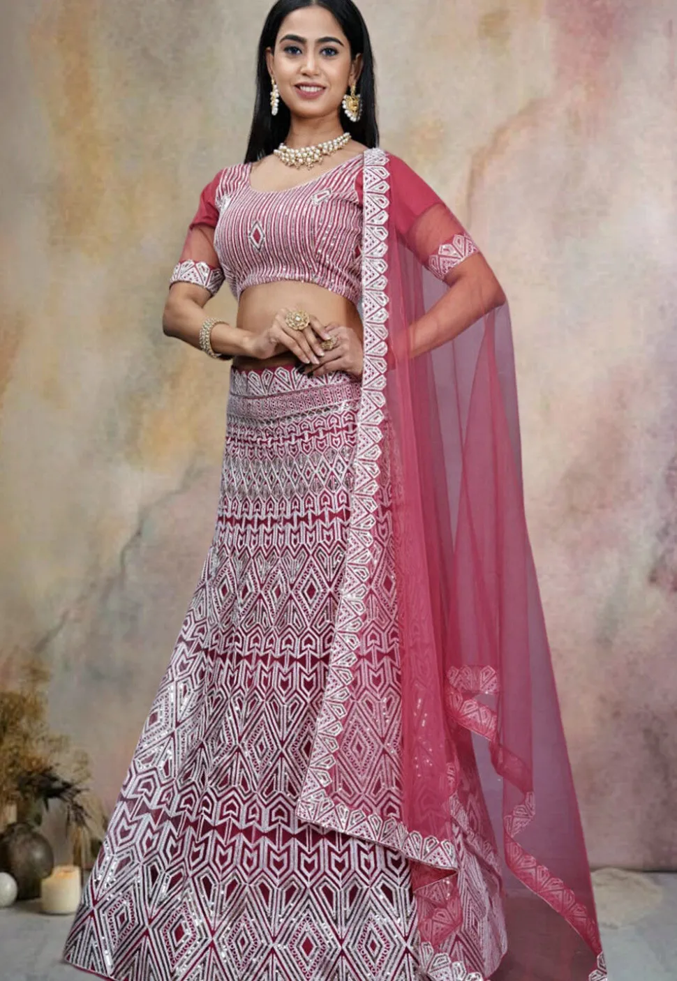 Embroidered Net Lehenga in Pink