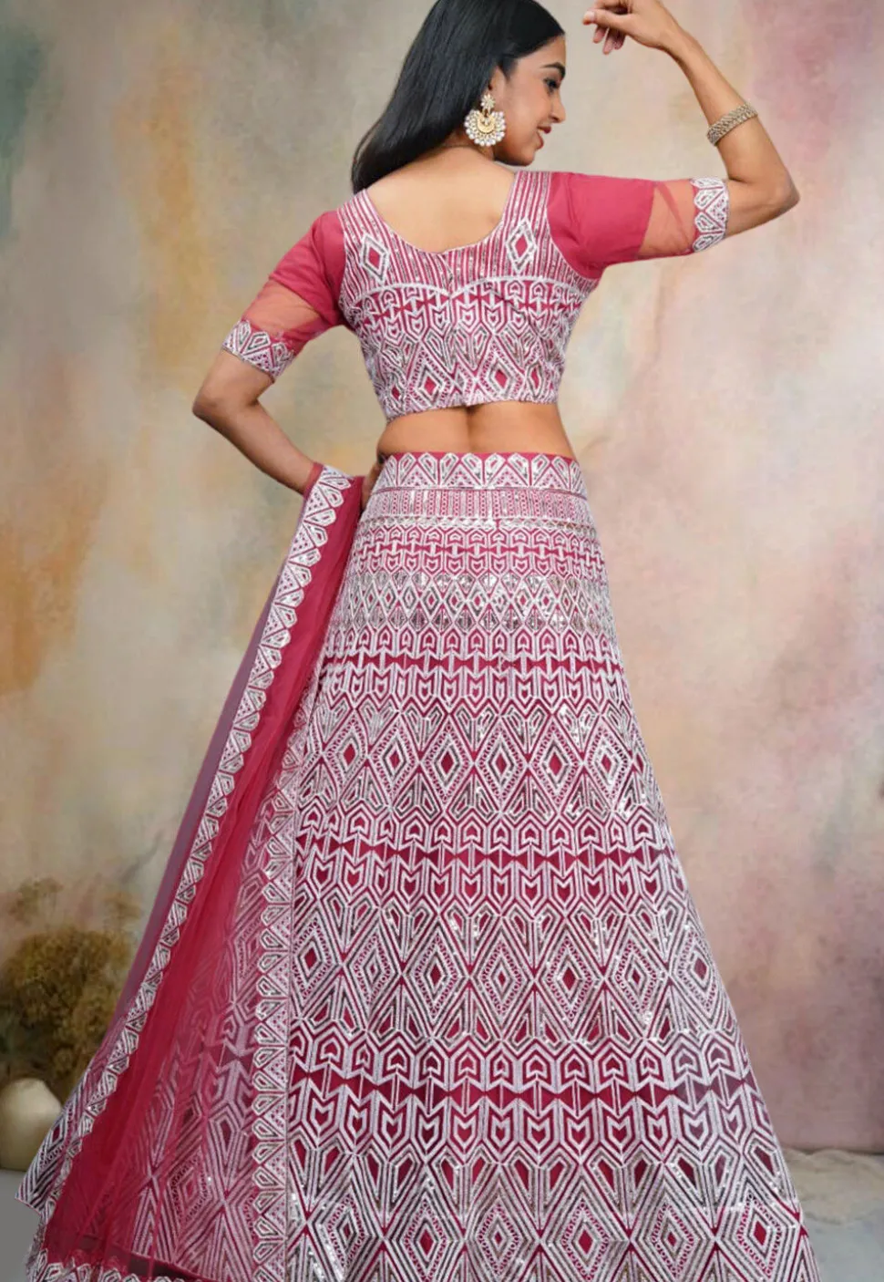 Embroidered Net Lehenga in Pink