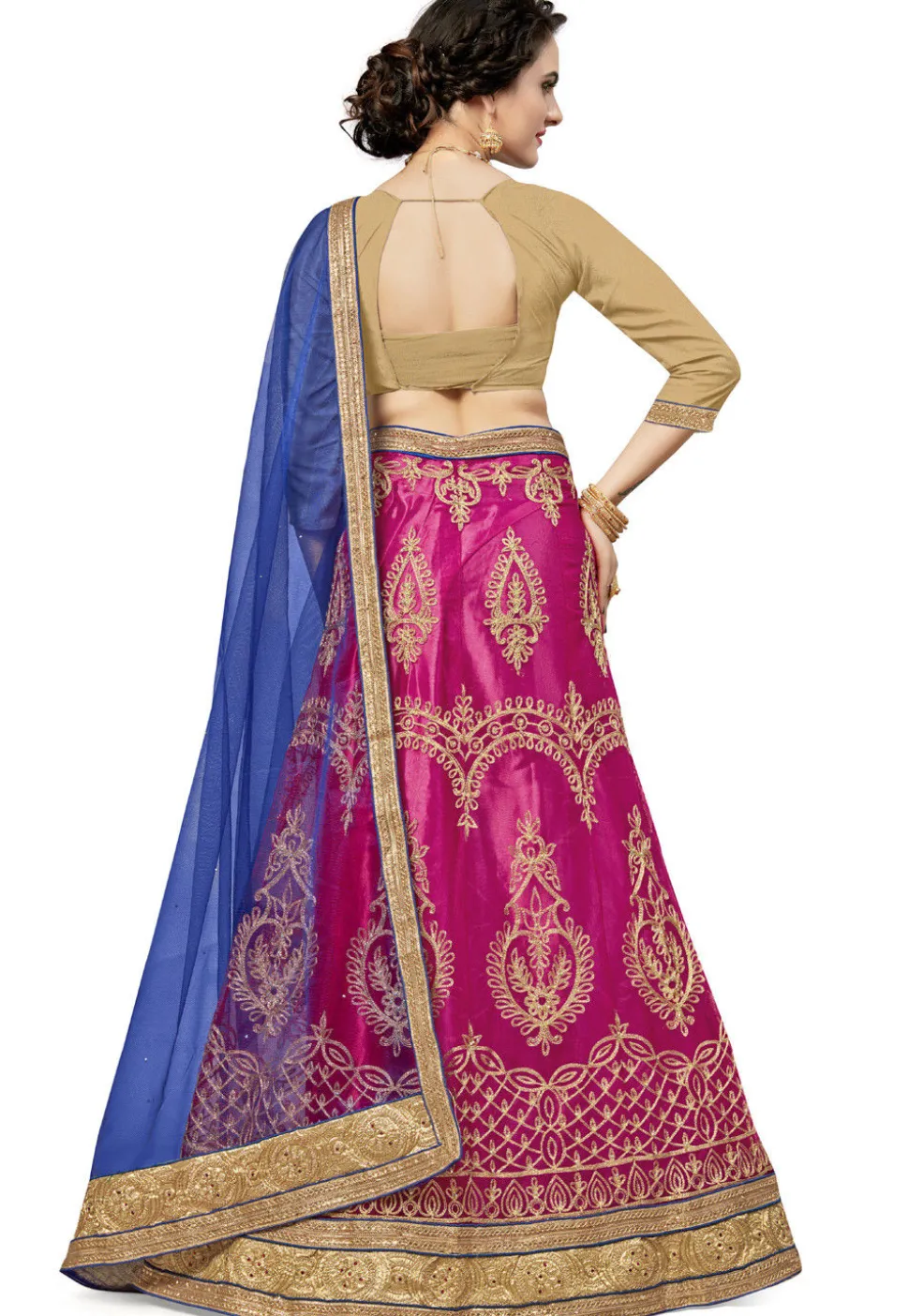 Embroidered Net Lehenga in Fuchsia