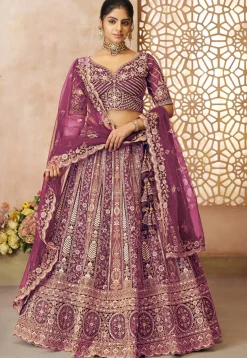 Embroidered Net Lehenga in Purple