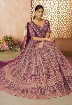 Embroidered Net Lehenga in Purple