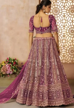 Embroidered Net Lehenga in Purple