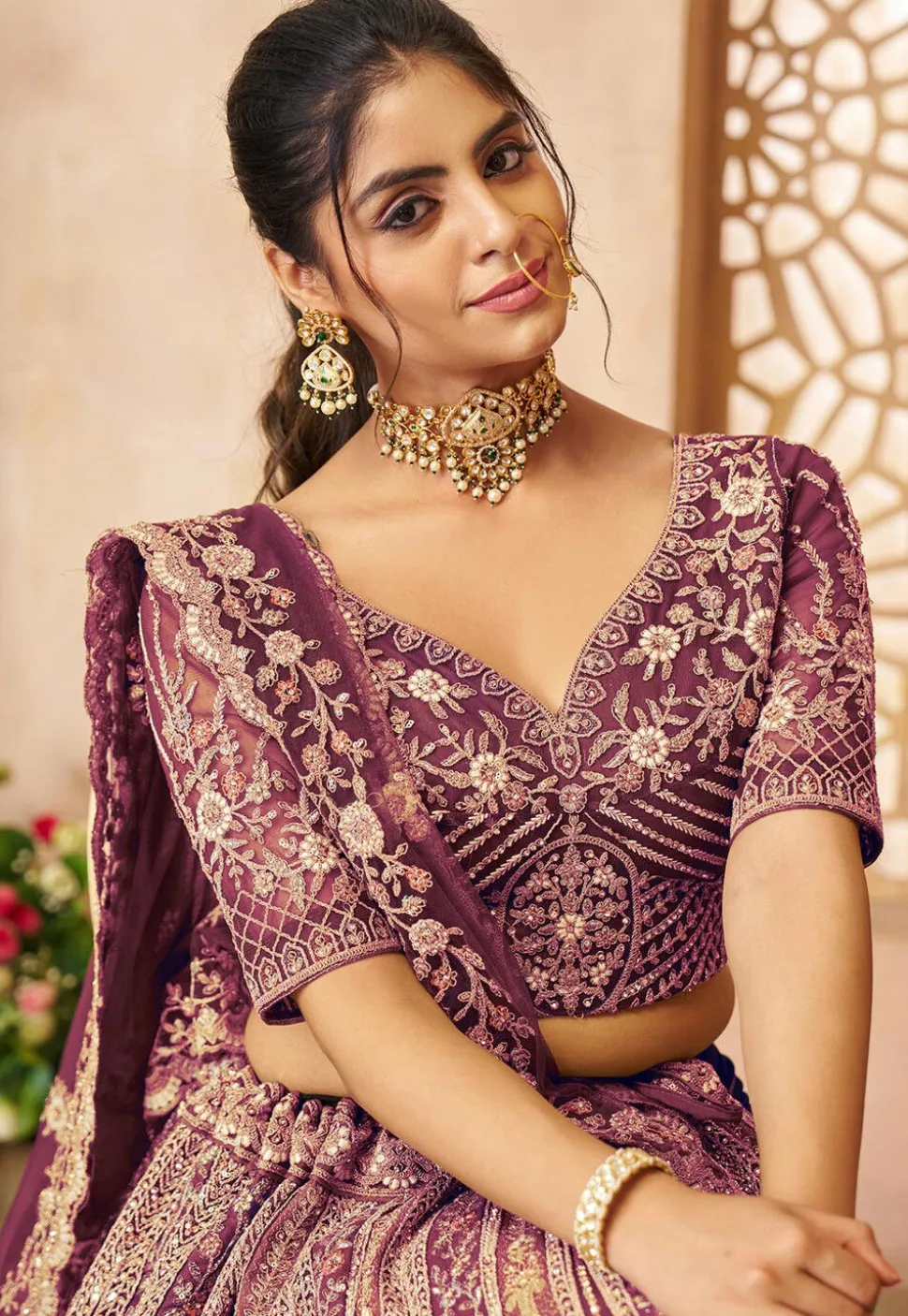 Embroidered Net Lehenga in Purple