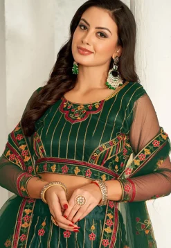 Embroidered Net Lehenga in Dark Green