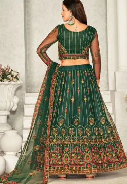 Embroidered Net Lehenga in Dark Green