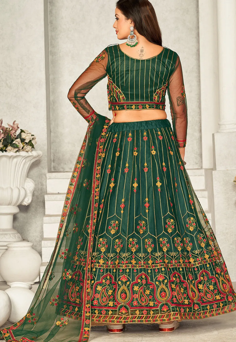 Embroidered Net Lehenga in Dark Green