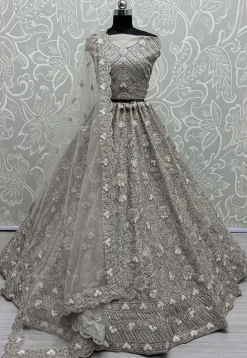 Embroidered Net Lehenga in Grey