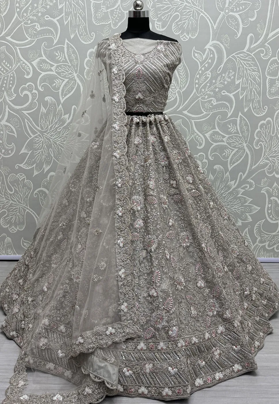 Embroidered Net Lehenga in Grey