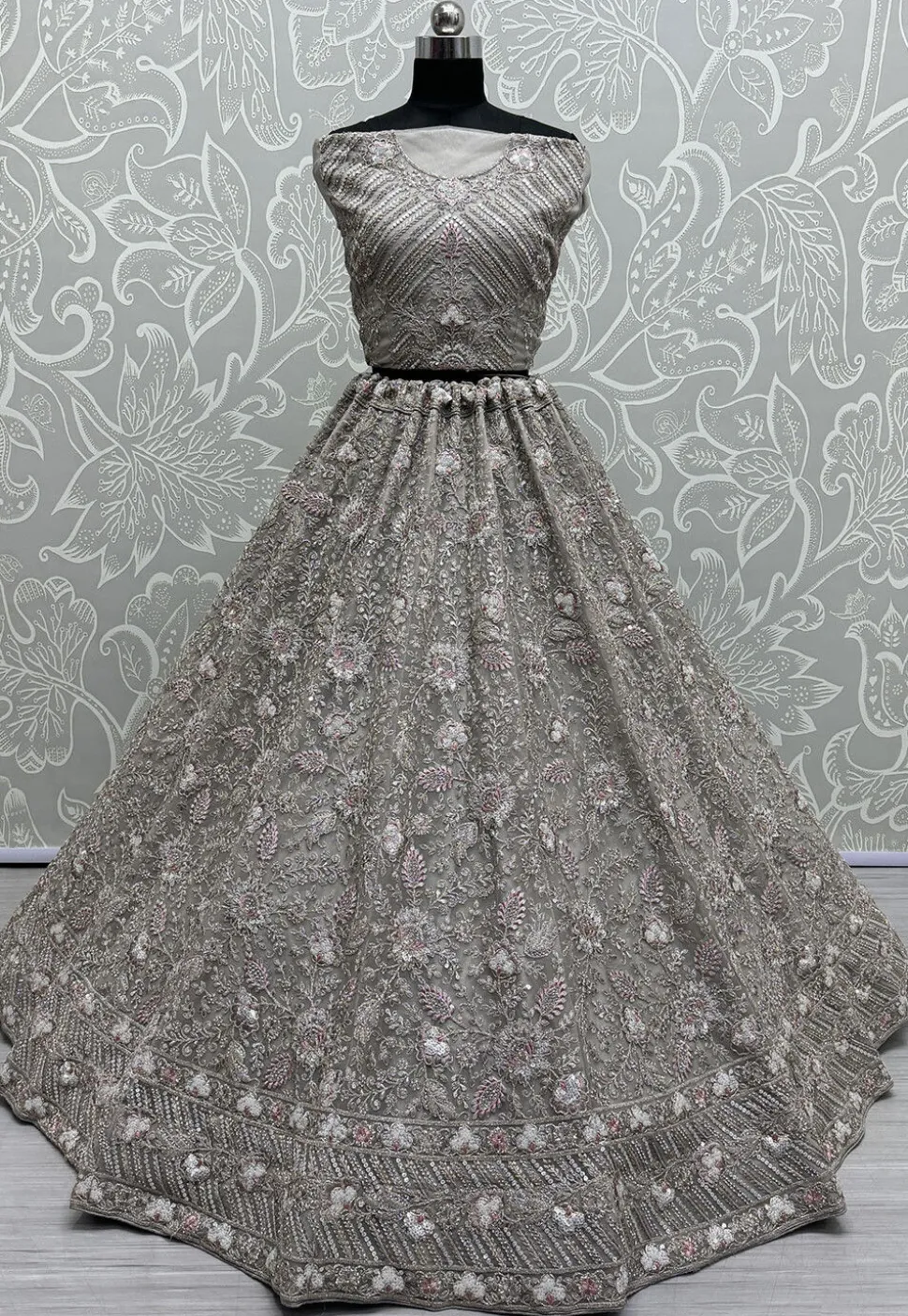 Embroidered Net Lehenga in Grey