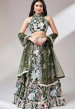 Embroidered Net Lehenga in Olive Green
