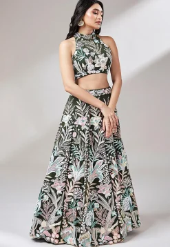 Embroidered Net Lehenga in Olive Green