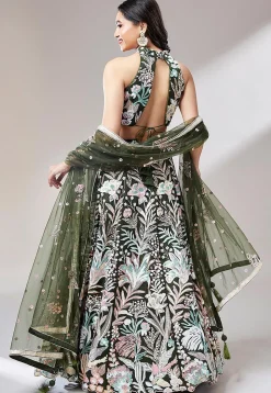 Embroidered Net Lehenga in Olive Green