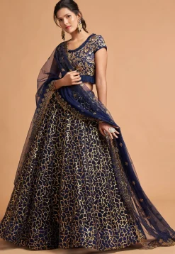 Embroidered Net Lehenga in Navy Blue