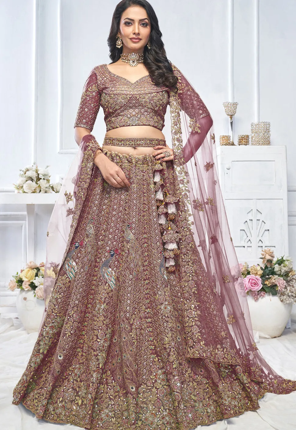 Embroidered Net Lehenga in Dusty Purple