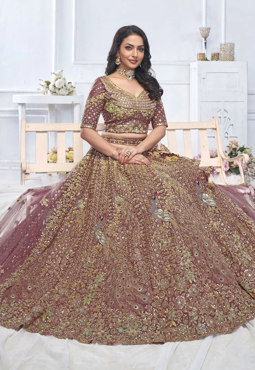 Embroidered Net Lehenga in Dusty Purple