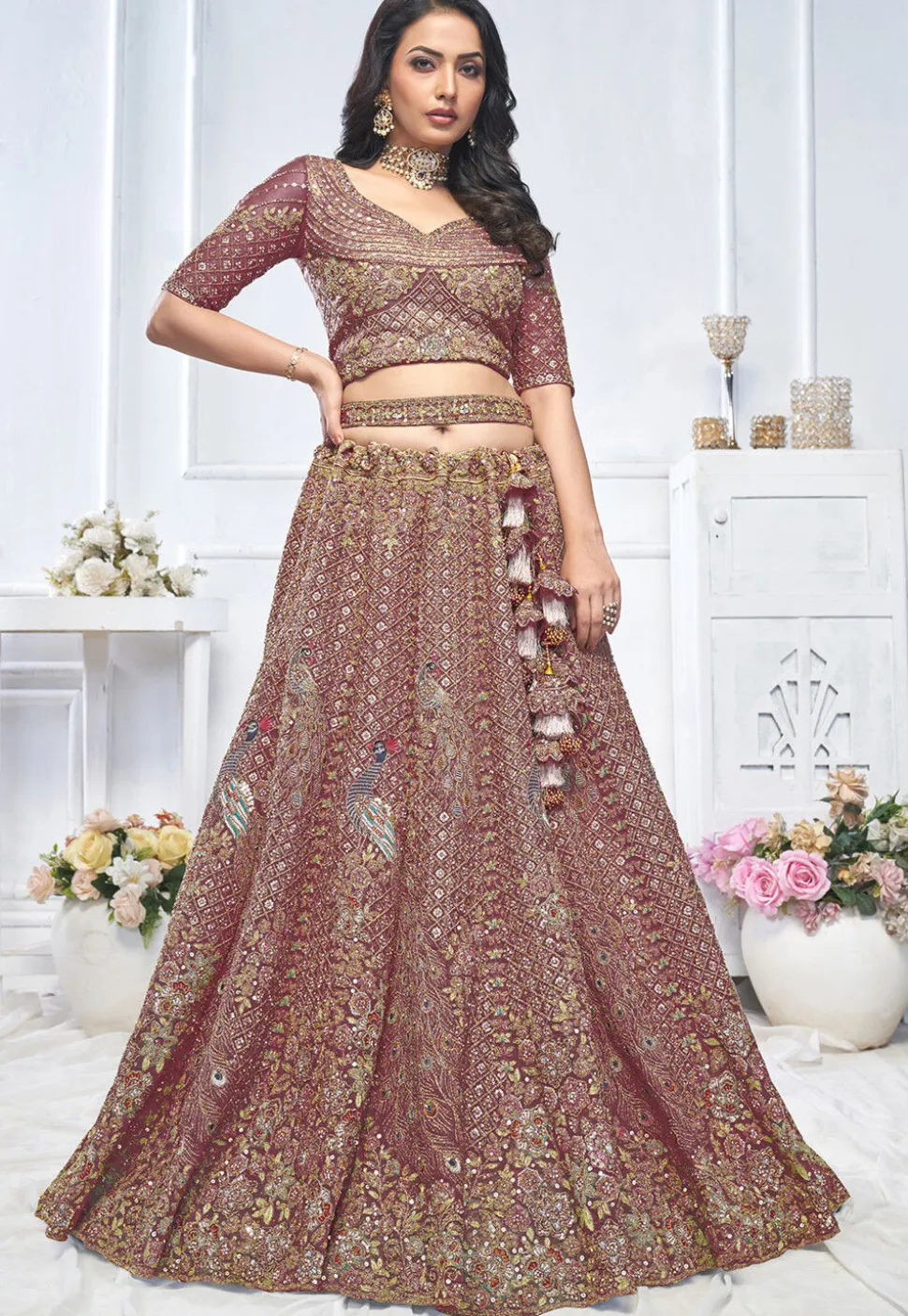 Embroidered Net Lehenga in Dusty Purple