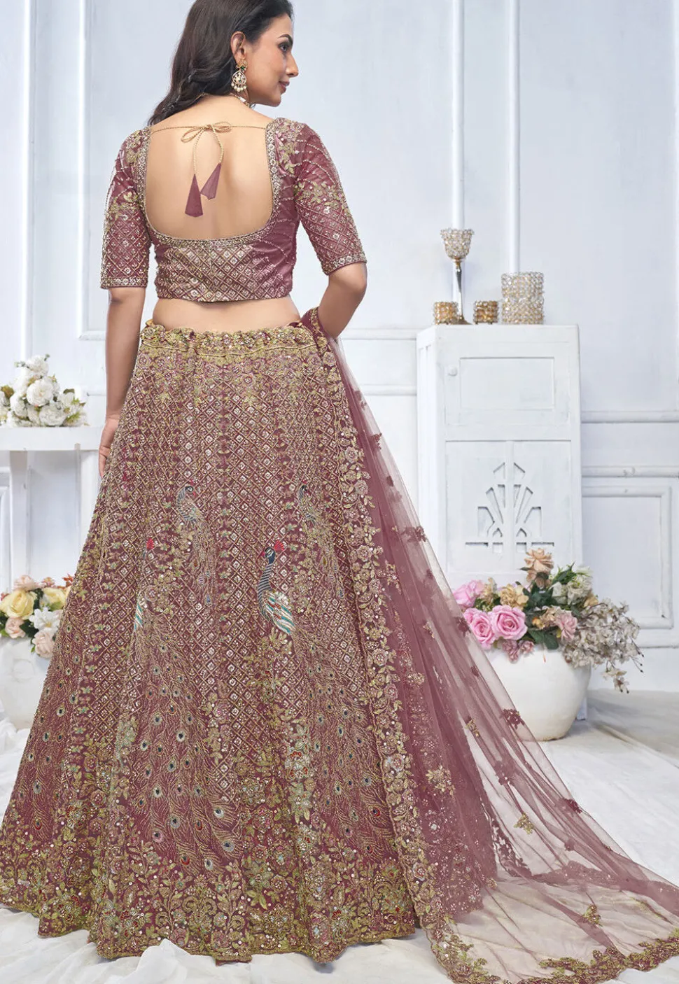 Embroidered Net Lehenga in Dusty Purple
