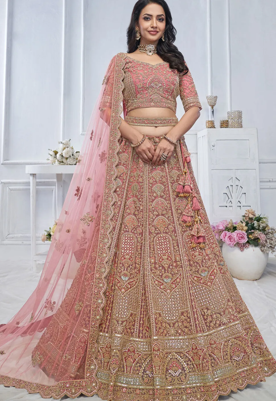 Embroidered Net Lehenga in Pink