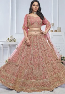 Embroidered Net Lehenga in Pink