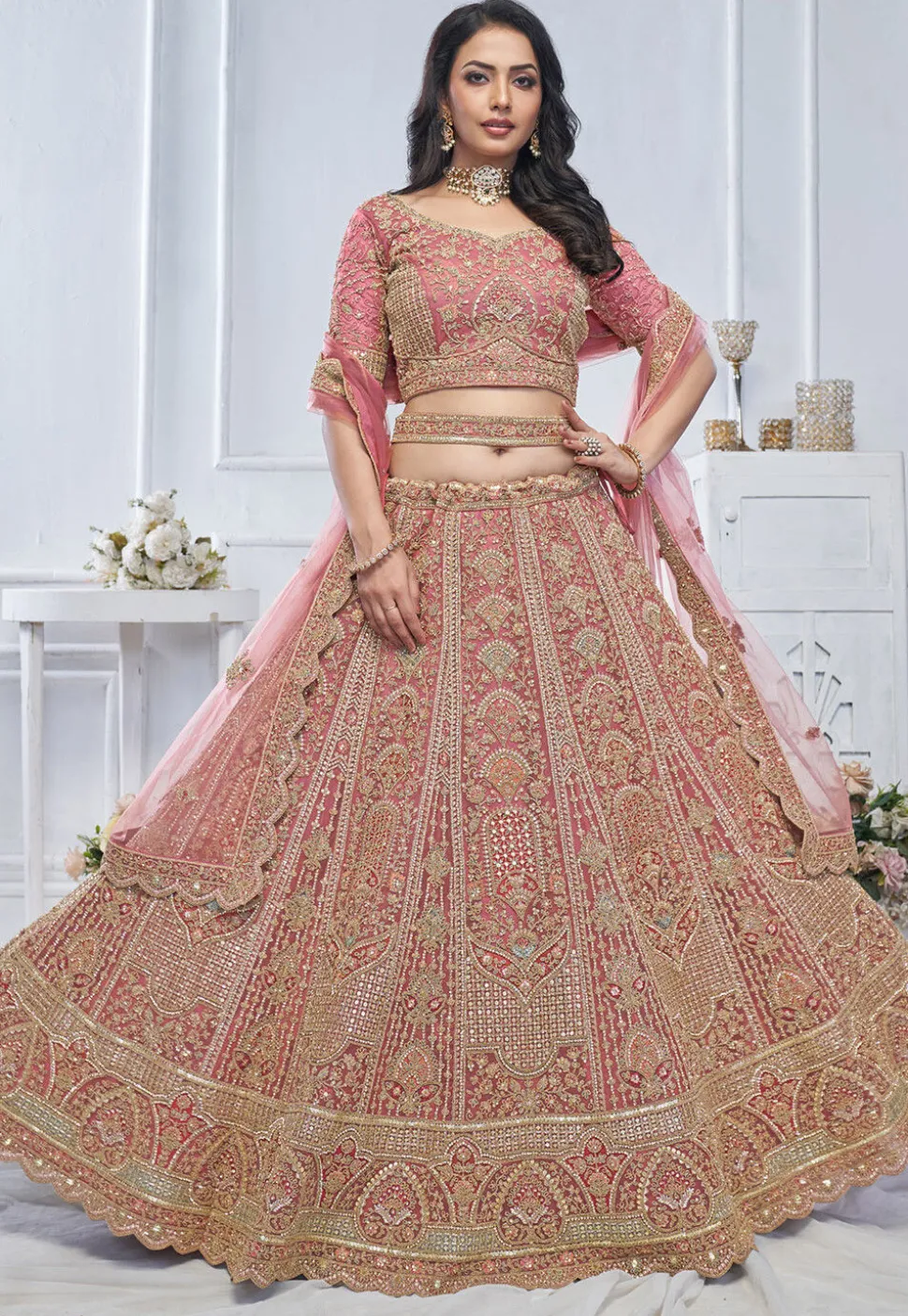 Embroidered Net Lehenga in Pink