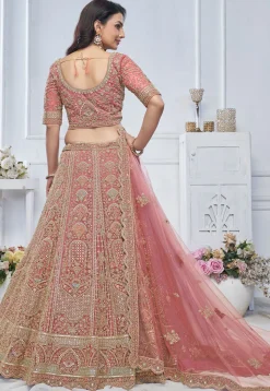 Embroidered Net Lehenga in Pink