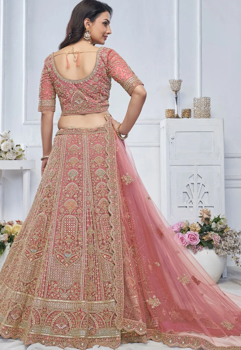 Embroidered Net Lehenga in Pink