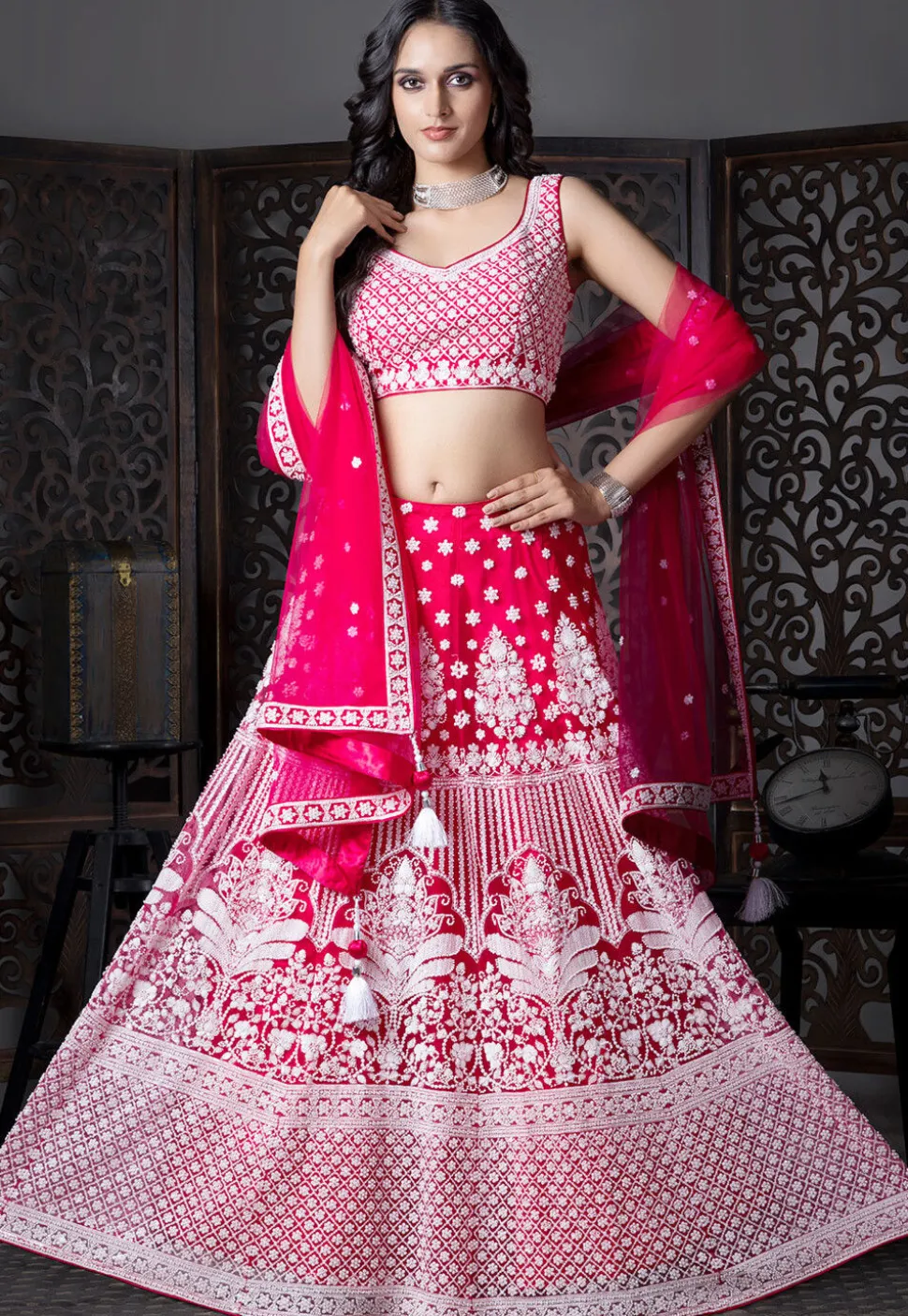 Embroidered Net Lehenga in Fuchsia
