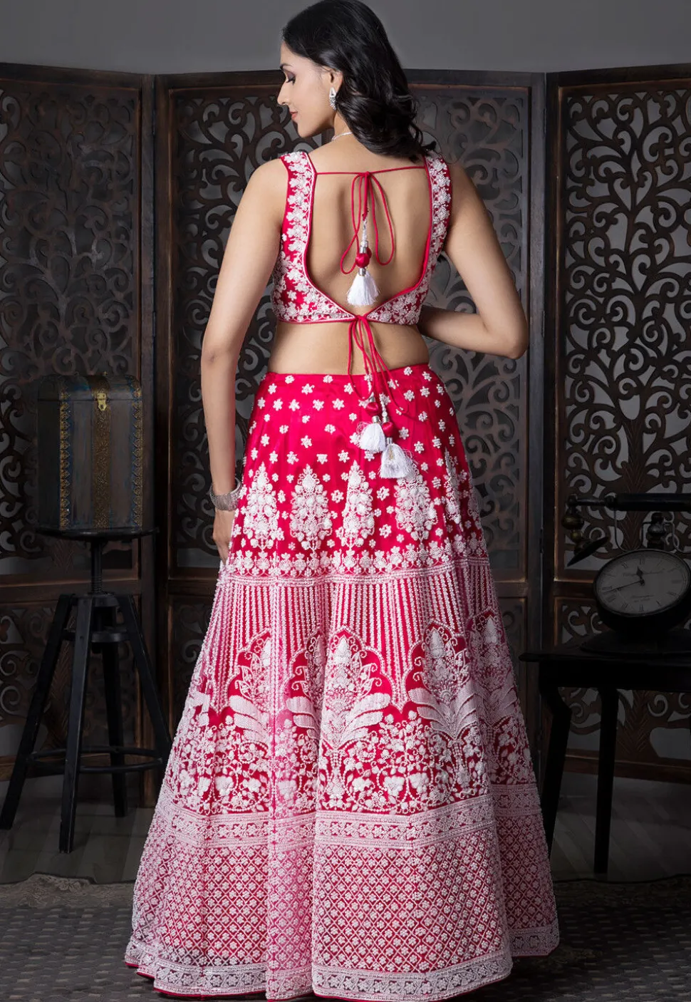 Embroidered Net Lehenga in Fuchsia