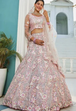 Embroidered Net Lehenga in Pink
