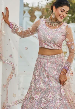Embroidered Net Lehenga in Pink