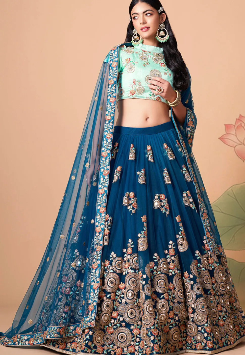 Embroidered Net Lehenga in Blue