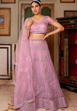 Embroidered Net Lehenga in Purple