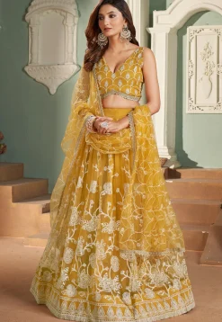 Embroidered Net Lehenga in Mustard